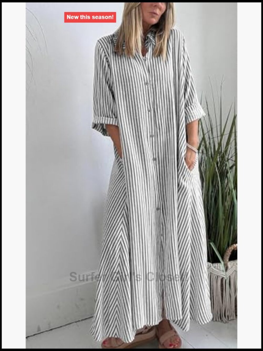 2026 Boho Striped Maxi Shirt Dress 3/4 Sleeve Button Down V-Neck A-Line with - Picture 2 of 2